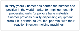 In thirty years Gusmer has earned the number one
 position in the world market for impingement mix 
processing units for polyurethane materials. 
Gusmer provides quality dispensing equipment
 from 1lb. per min. to 250 lbs. per min. with their 
reaction injection molding machines.